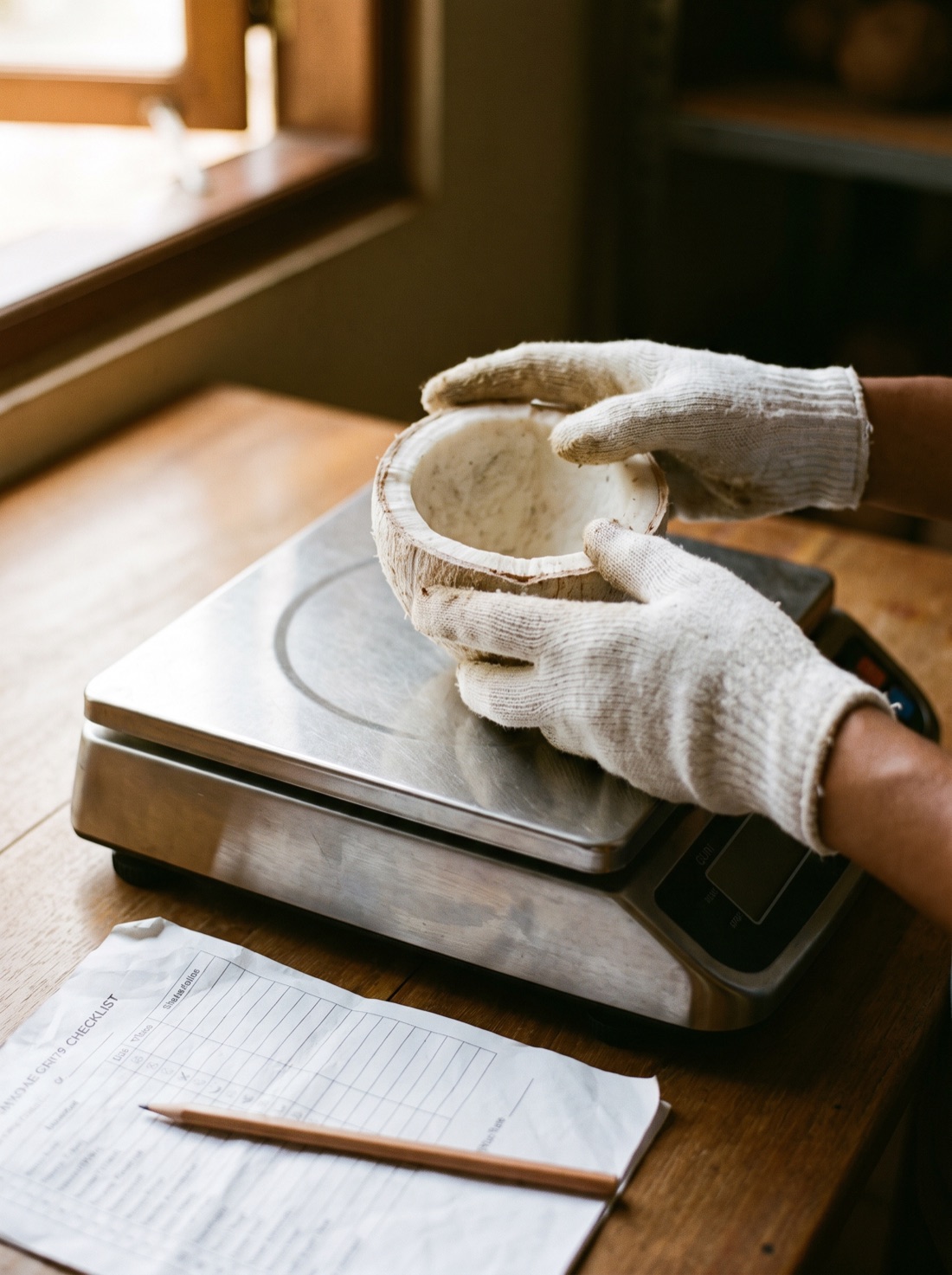 Gloved hands inspecting dried copra over a weighing scale