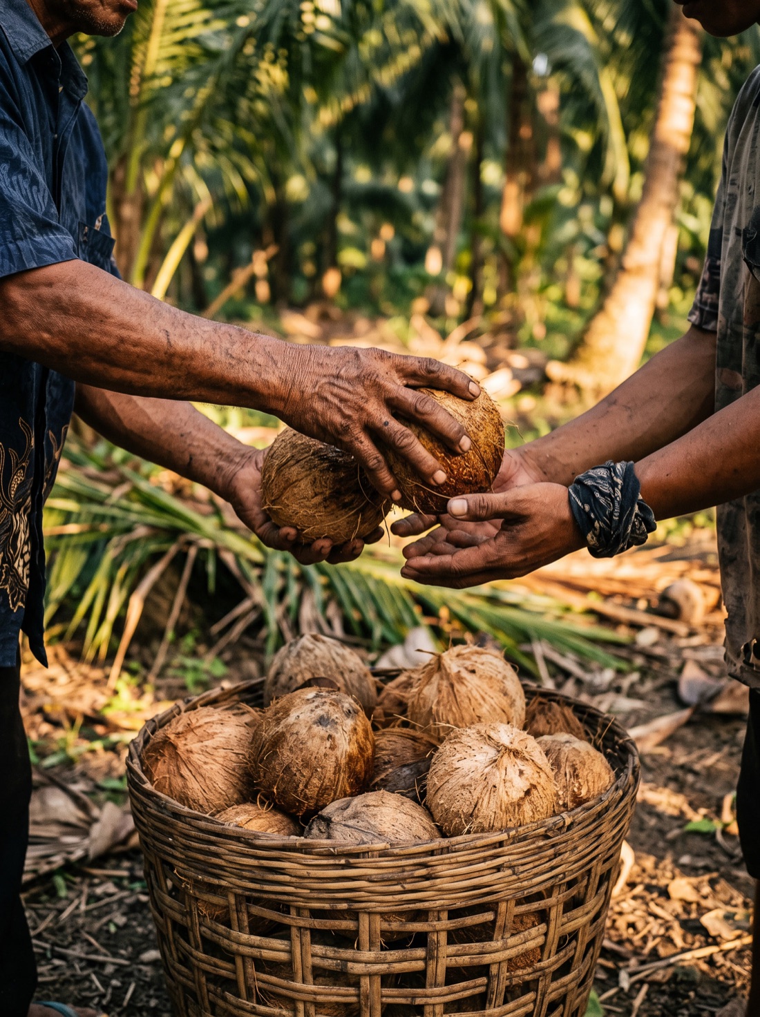 A farmer's hands passing freshly dehusked coconuts to a buyer over a full basket