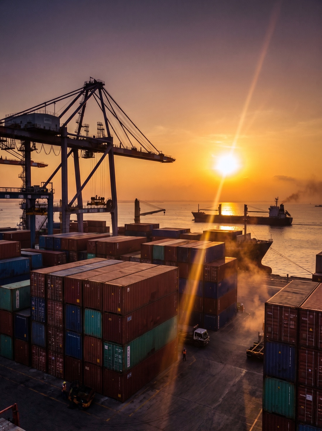 Shipping containers and cranes at an Indonesian port at golden hour