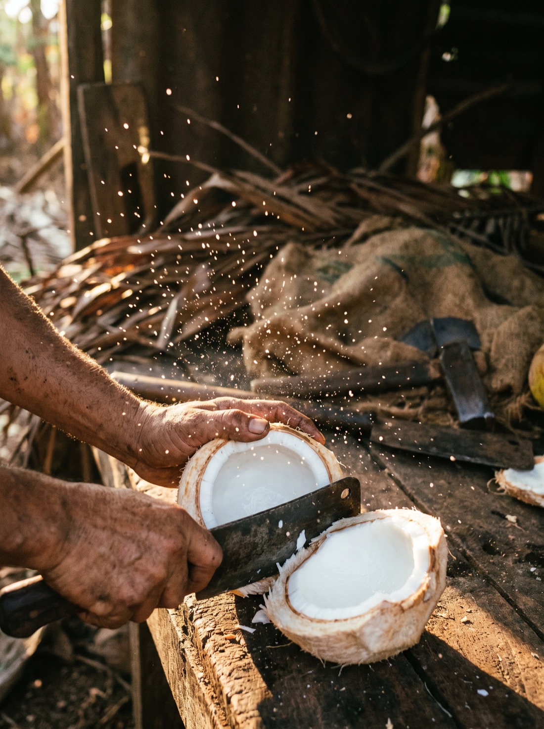 Hands splitting a coconut, white kernel revealed