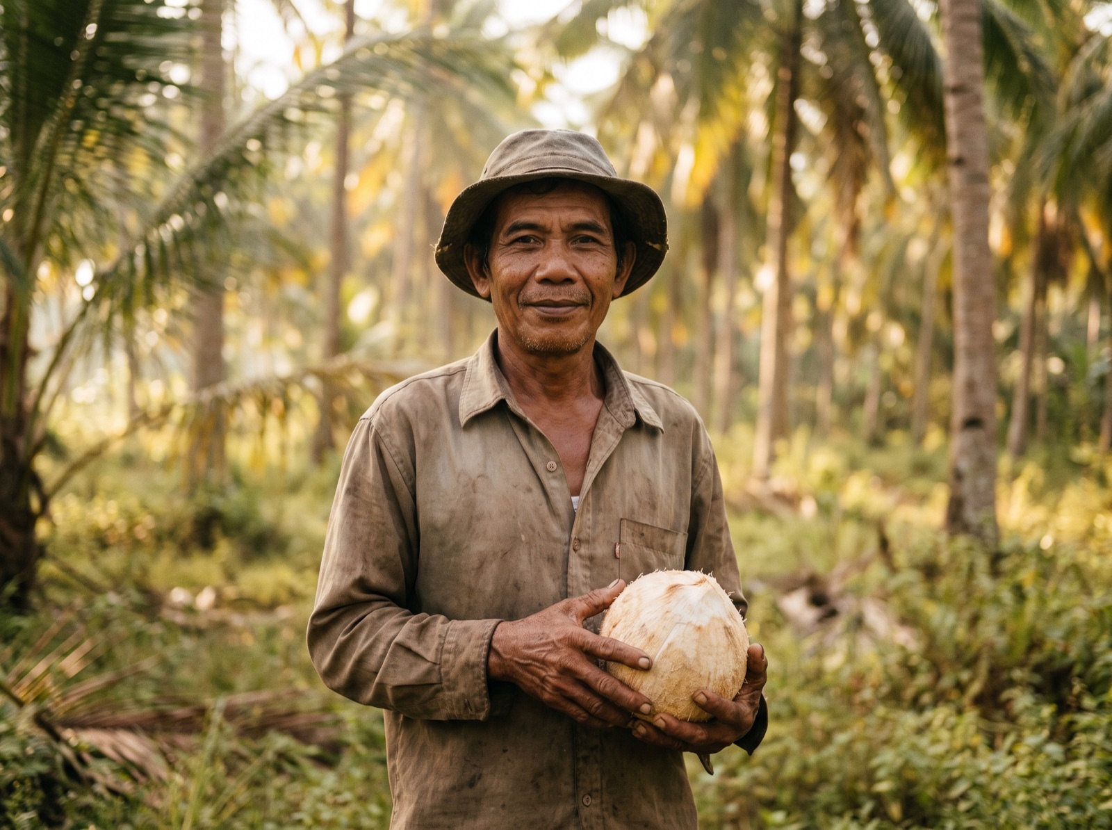 Indonesian coconut farmer holding a freshly dehusked coconut in his plantation