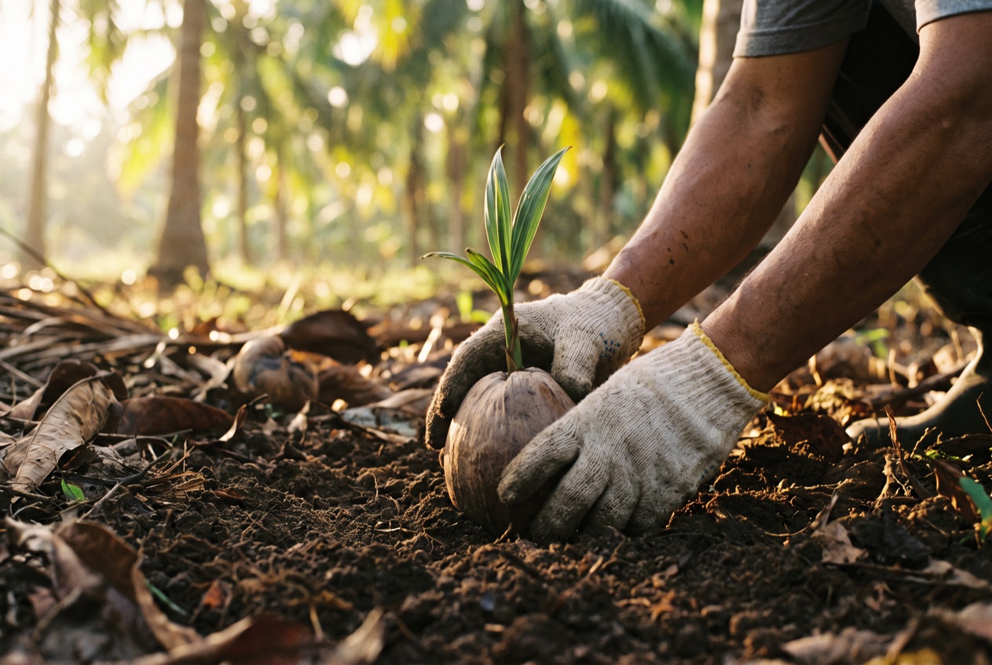Hands planting a sprouting coconut seedling in dark soil