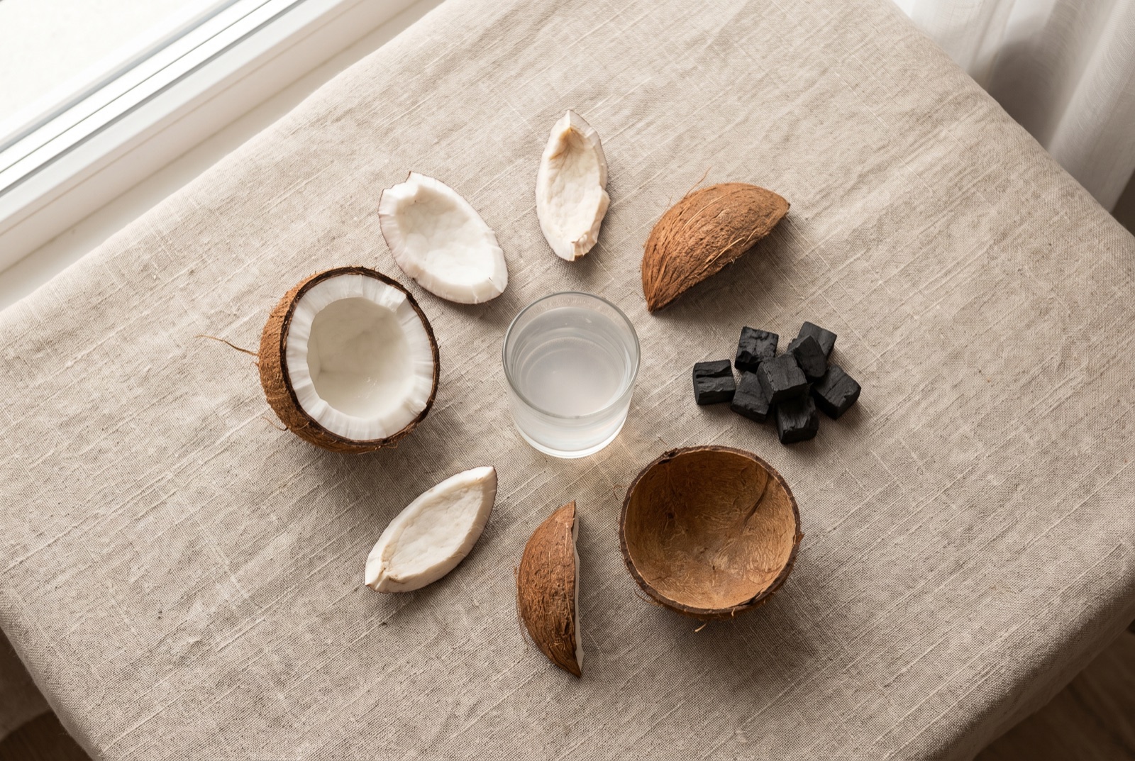 A coconut deconstructed into kernel, copra, water, shell and charcoal on linen